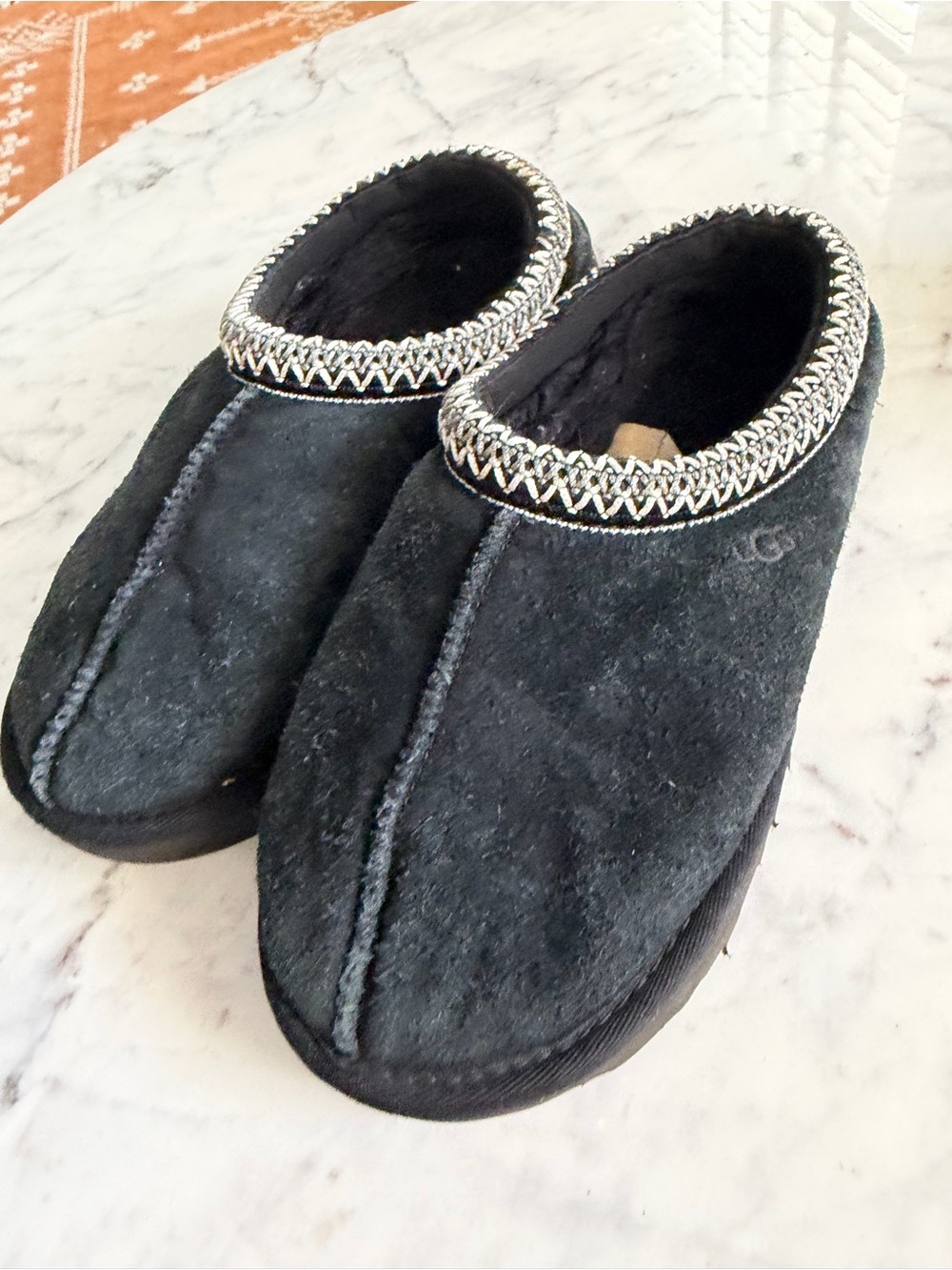 Ugg Tasman Black Suede Slip-On Slippers with Braided Trim Size 8